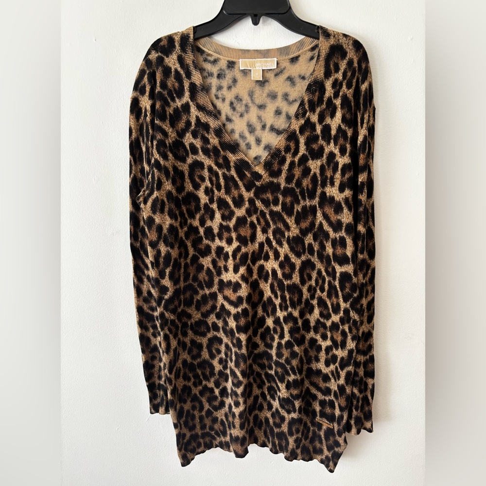 Michael Kors Black and Brown Leopard Print Tunic Sweater medium